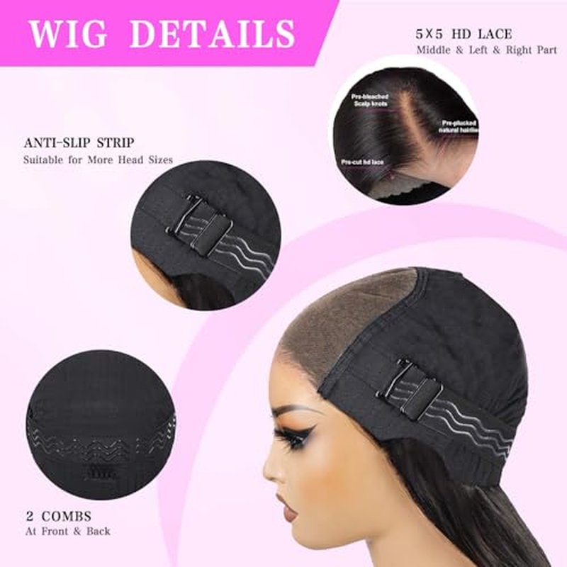 5x5 HD Lace Closure Wigs Human Hair 180% Density Wear and Go Glueless Wigs Human Hair Pre Plucked Pre Cut Body Wave Lace Front Wigs Human Hair for Black Women Upgraded No Glue Natural Color 24 Inch