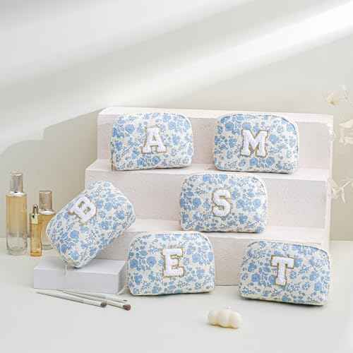 JOVAKIT Conch Alphabet Makeup Bag Cosmetic Bag for Women, Christmas Gifts for Women Girls, Blue Floral Coquette Travel Bag, Zipper Make Up Pouch Organizer Trendy Stuff (Blue Floral B)