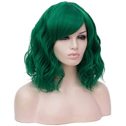 Mildiso Dark Green Wigs for Women Short Curly Wavy Bob Wig with Bangs Cute Synthetic Wig for Daily Party M073