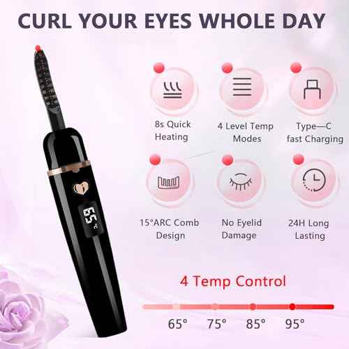 Heated Eyelash Curler - Eyelash Curlers Heated 4 Temperature Modes| Rechargeable Electric Eyelash Curler Pro| Heated Lash Curler for Women with Eyelash Comb Heat up in 8s Anti-Burn Design (Black A)