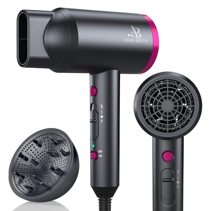 Hair Dryer with Diffuser for Curly Hair, 1800W Ionic Blow Dryer for Women & Men, Fast-Drying, Lightweight, Low Noise, Hair Care Styling Tool for Home, Travel