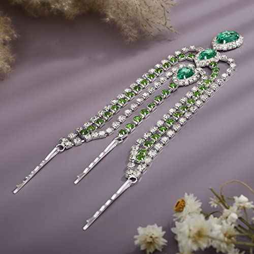 Xerling Green Crystal Pendant Head Chain Boho Layered Rhinestones Forehead Headpiece Tassel Head Jewelry for Women Wedding Hair Clip Accessories for Brides (Green-Silver)