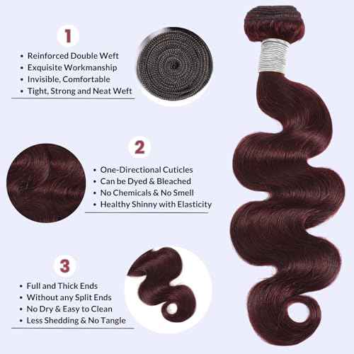 99j Dark Burgundy Body Wave Bundles Human Hair, 12A Soft And Shiny Red Wine Colored Bundles 100% Brazilian Virgin Remy Hair Sew In Weave Single Human Hair Bundle Chic #99j Color 10 Inch
