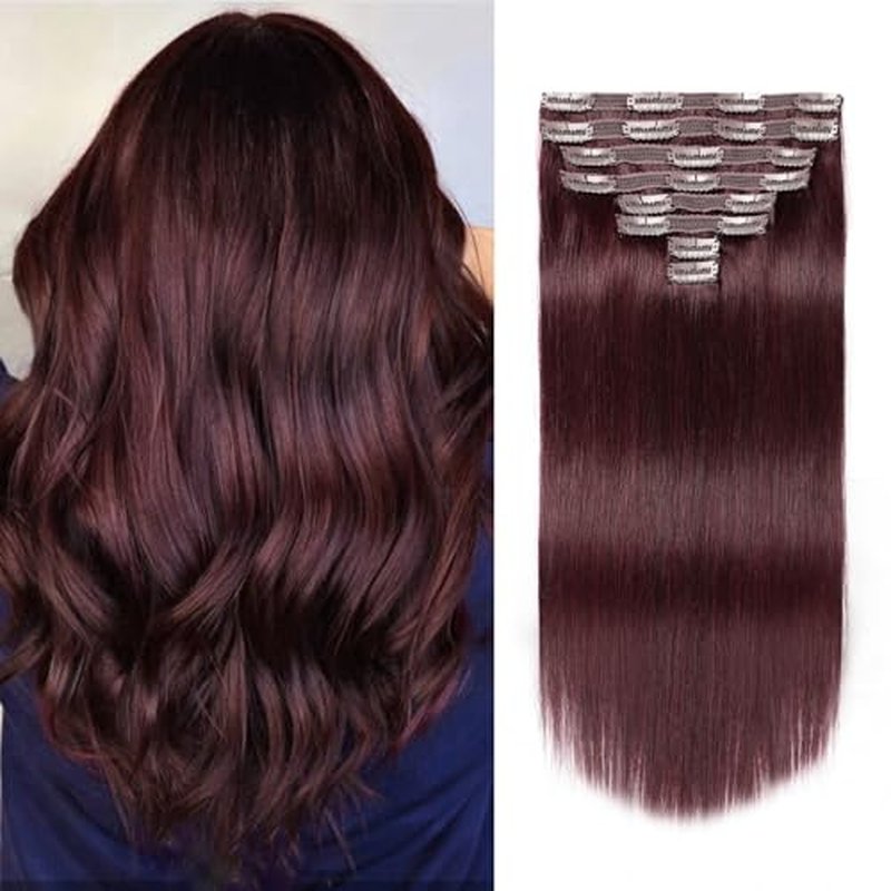 Jiameisi Clip in Hair Extensions Real Human Hair, 22inch Remy Human Hair Extensions Double Weft 120g 8pcs, Wine Red Straight Clip ins for Women, Ideal for Daily, Party, Wedding Looks #99j Burgundy