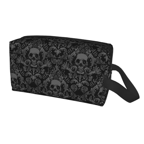 Gothic Skull Black Flower Halloween Cosmetic Bag for Women, Large Capacity Travel Makeup Pouch Portable Waterproof Toiletries Accessories Organizer