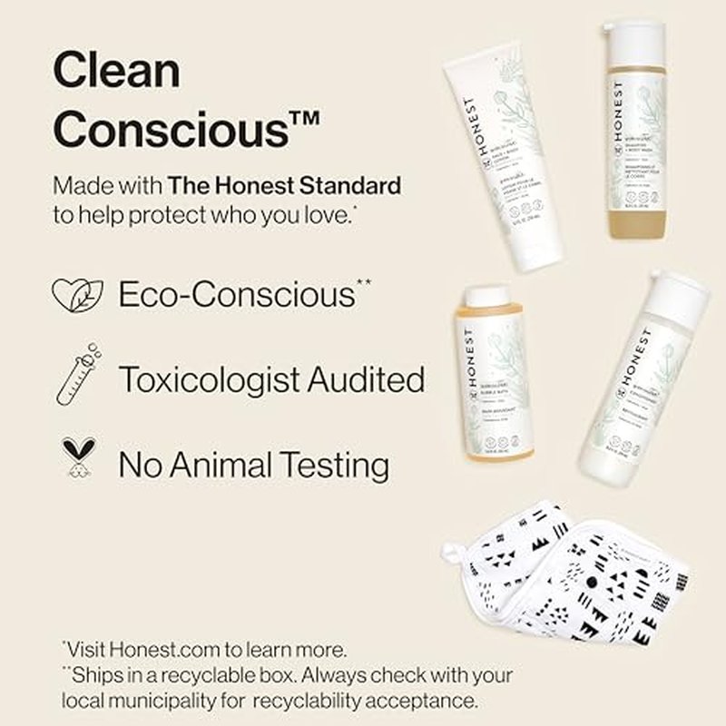 The Honest Company Fragrance Free Bathtime Gift Set | Hypoallergenic Bath Essentials for Sensitive Skin | Shampoo + Body Wash, Face + Body Lotion, Bubble Bath, Conditioner, Wash Cloth