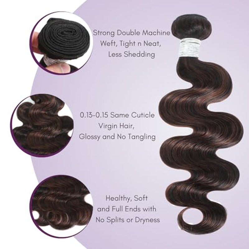 Brown Highlight Body Wave 3 Bundles Human Hair, 100% Virgin Real Hair Wavy 12A Weave #F2/4 2-Tone Dark Brown with Chestnut Streaks Ombre Human Hair Bundles 3pcs Thick Track Sew in 12 14 16 Inch