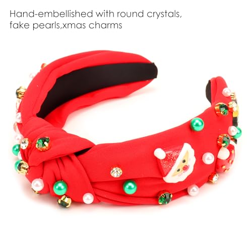 Christmas Knotted Headbands for Women, Hand-embellished Sparkle Crystal Pearl Xmas Santa Tree Snowman Hat Charms Holiday Headbands Hair Accessory, Christmas Holiday Outfits & Gifts