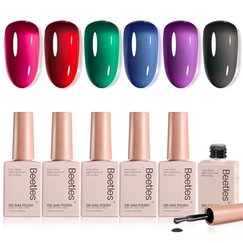 Beetles Jelly Gel Nail Polish Set - Jelly Magic Gel Polish, 6 Colors Pink Red Black Blue Green Purple Halloween Fall Gel Polish Kit Sheer Translucent Effect Soak Off UV Manicure DIY Gift for Women