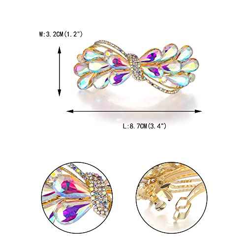 EVER FAITH Wedding Austrian Crystal Barrette Clip, Rhinestone Waterdrop Bowknot Hair Accessories for Women Iridescent AB Gold-Tone