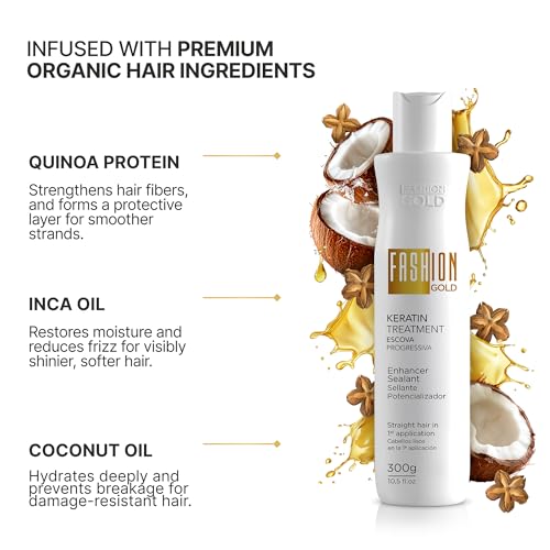 FASHION GOLD, Keratin Hair Treatment, 6 USES per Bottle, Keratina para Alisar el Pelo, Alisado Brasile?o Keratina Permanente, Alisados Organicos SIN FORMOL, Nanoplastia, 300 grs