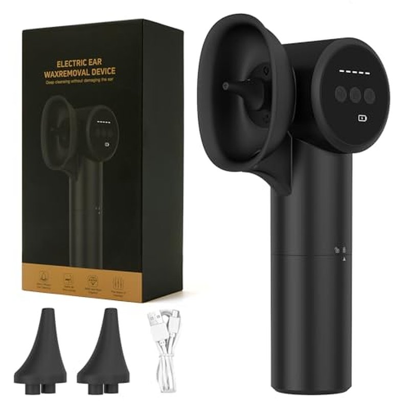 Ear Wax Removal with Hot Air Drying, 2-in-1 Electric Ear Cleaner, Ear Cleaning Kit with Dual-Compartment Design, Safe Water Ear Cleaner, 5 Pressure Modes & USB-C Cable, IPX7 Waterproof, Black