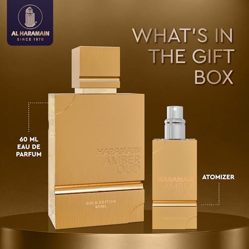 Al Haramain Amber Oud Gold Edition Eau De Parfum Spray 60ml + ATOMIZER ? Unisex Perfume Arabian Perfumes for Women & Men ? Long-Lasting Sweet Fragrance Arabic Cologne ? Men & Women's Gift (2 oz.)