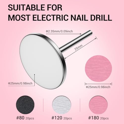 MelodySusie 60 Pcs Replacement Sandpaper Discs with 25mm Metal Nail Drill Bit, 80 Coarse 120 Medium 180 Fine Grit for Electric Foot File Callus Remover Tool or Polishing Craft