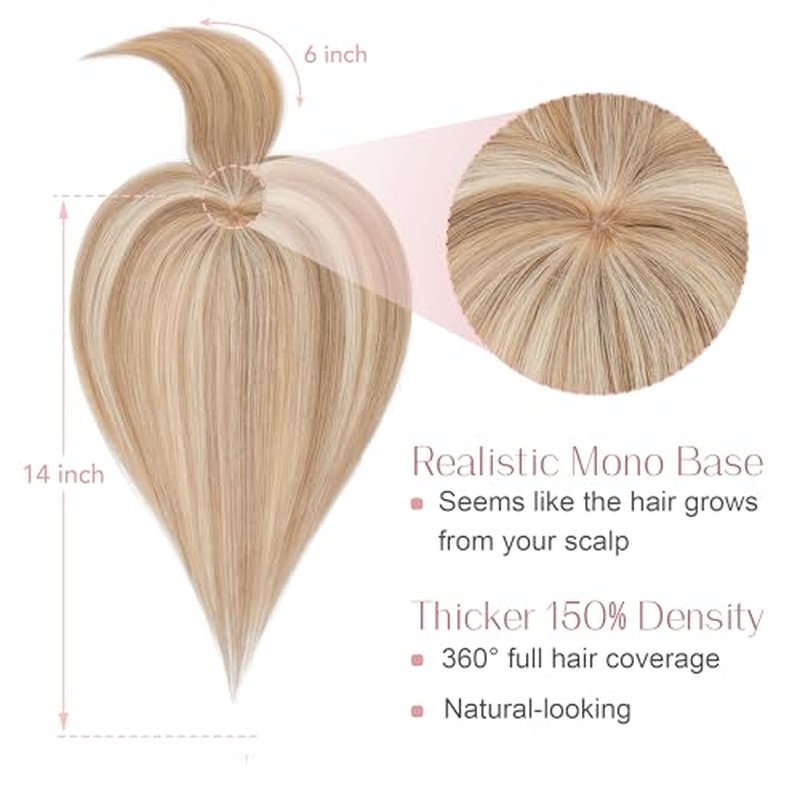 SEGO Hair Toppers for Women Real Human Hair with Bangs Mono Base 14 Inch Clip In Bangs Wiglets Topper Hairpieces for Women with Thinninghair -12P613 Golden Brown&Bleach Blonde