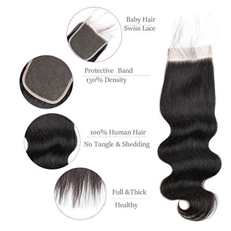 Brazilian Body Wave Virgin Hair Bundles with Lace Closure(18 20 22 with 16closure) Human Hair Unprocessed Body Wave Hair with Closure 4X4 Lace Free Part Natural Black Hair