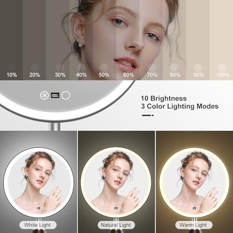 10.5" Professional Makeup Mirror with Lights, Rechargeable HD Vanity Mirror, CRI¡Ã98 True-Sunlight, 3 Color Modes & Stepless Dimming, 5000mAh Battery, Ideal Gift for Women