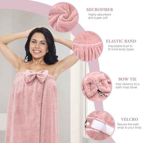 Hair Towel Women Bath Wrap - Adjustable Microfiber Super Absorbent to Quick Drying Hair and Body for Gym, Spa, Sauna and Shower After Body Cover, Pink