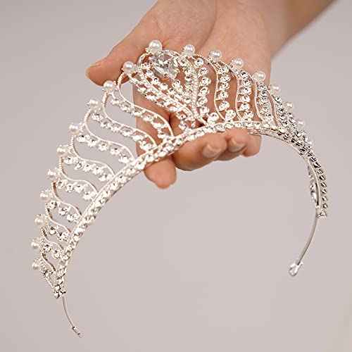 JWICOS Silver Pearl Crown for Women Queen Crown and Tiara for Women Crystal Rhinestone Princess Tiaras Crowns Wedding Hair Accessories for Bride Birthday Party Prom