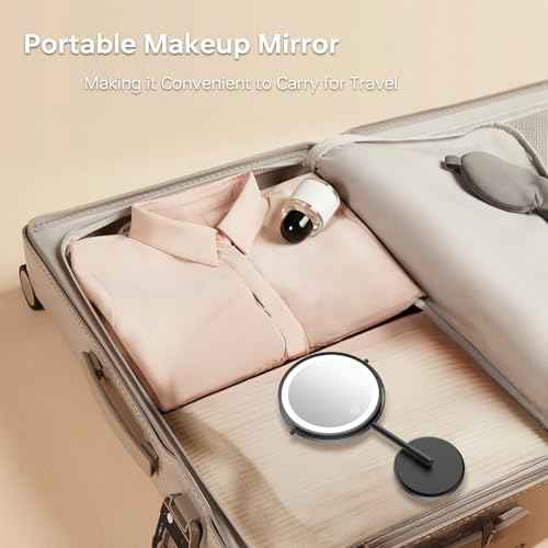 Folding Travel Makeup Mirror with Lights and Magnification,7¡± Double Sided 1X/10X Lighted Magnifying Mirror with Rechargeable Battery,Brightness Adjustable,3 Color Lighting, Black