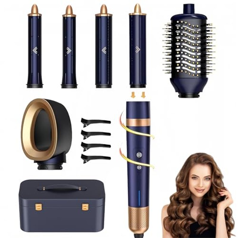 T-GOGO Hair Dryer Brush Professional: 6 in 1 Hot Air Hair Styler & Dryer Set, Powerful Hair Air Curling Iron High-Speed Negative Ionic Blow Dryer, Auto-Wrap, No Heat Damage (Dark Blue)