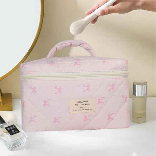 Large Makeup Bag, Cute Cosmetic Bags for Women Girls, Quilted Floral Toiletry Bag, Travel Make Up Organizer Bag