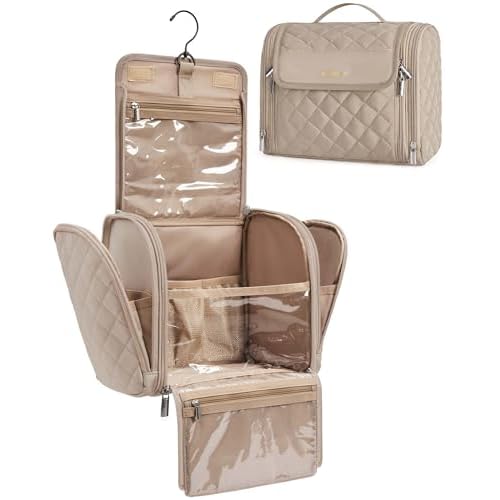 BAGSMART Makeup Bag for Women with Hanging Hook, Large Portable Capacity Water-resistant Organizer Travel Case for Toiletries and Cosmetics, Brown