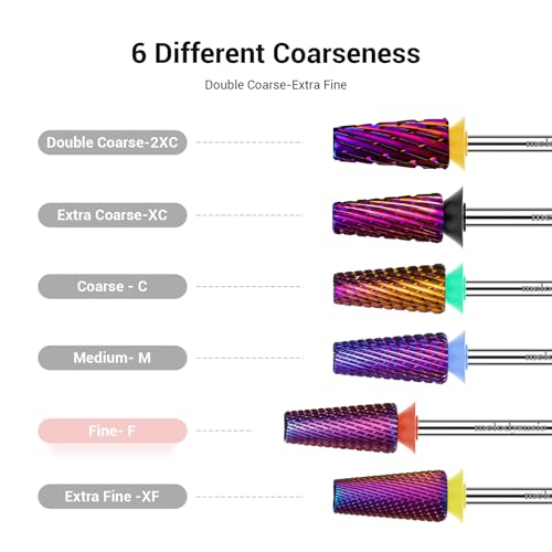 MelodySusie Professional 5 in 1 Nail Drill Bits, 3/32'' Carbide Tungsten Multi-function, Suitable for Manicure Pedicure Cuticle Gel Polishing, Purple, Fine