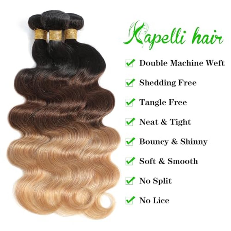 Kapelli Ombre Human Hair Bundles Body Wave (T1B/4/27,18" 20" 22") 10A 100% Brazilian Virgin Remy Hair Bundles 3 Tone Black to Blonde Human Hair Weave