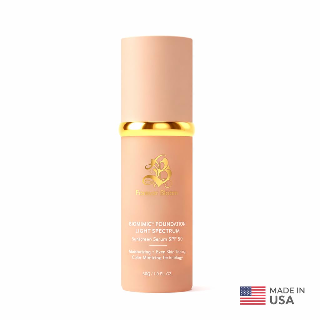 Forever Bloom Bio Mimic Foundation Light Spectrum SPF50 hydrates, conceals and evens tone with a lightweight, anti-aging finish for mature, sensitive skin—perfect for gym, sports or dance