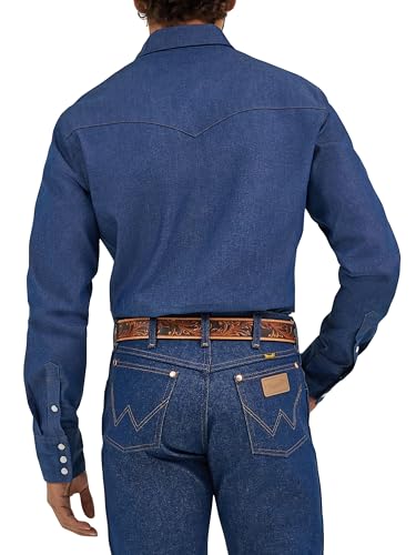 Wrangler Men's Authentic Cowboy Cut Work Western Long-Sleeve Firm Finish Shirt, Indigo Denim, 17 1/2 38