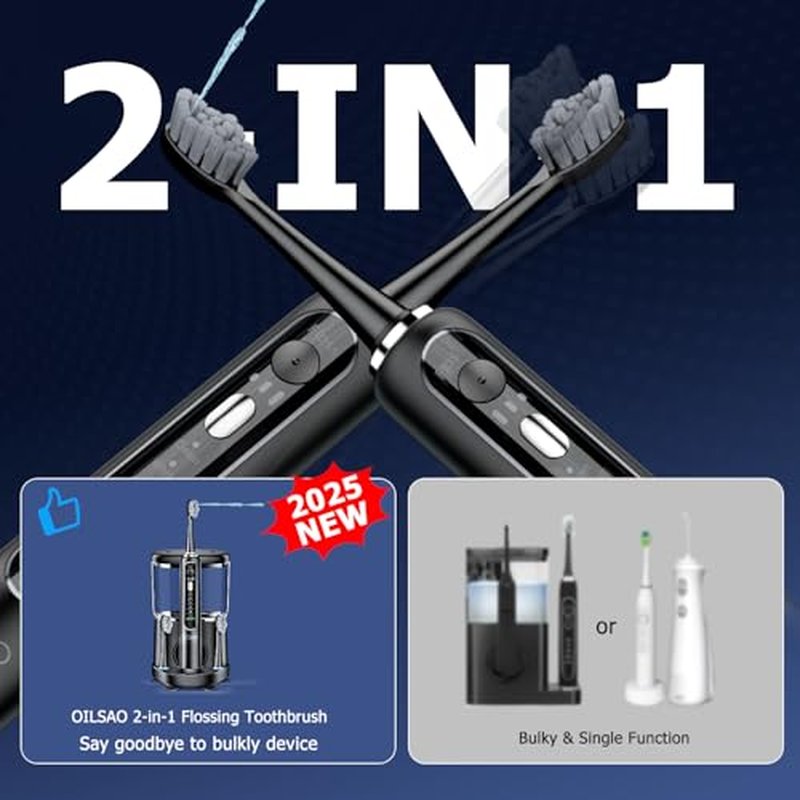 Electric Toothbrush with Water Flosser Combo in One, Professional Flossing Toothbrush for Teeth Cleaning and Flossing, Plaque Removal, Rechargeable, 5 Brush Modes & 3 Flossing Speeds, 500ML