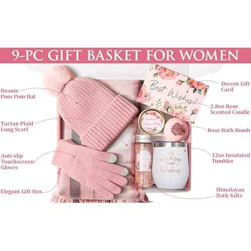 Christmas Gifts for Women, Relaxing Spa Gift Baskets Self Care Gift Warm Care Package Unique Birthday Gifts for Women Friend Her Mom Sister Wife Teacher w/ Winter Beanie Hat Plaid Scarf Gloves Set
