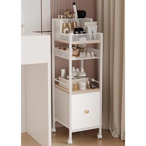 Floor Makeup Organizer Cart, Narrow Floor Skincare Organizers and Storage with Drawers, Bathroom Vanity Organizer Cosmetics Display Cases Holder for Skin Care Nail Polish Perfume Makeup Brush (White)