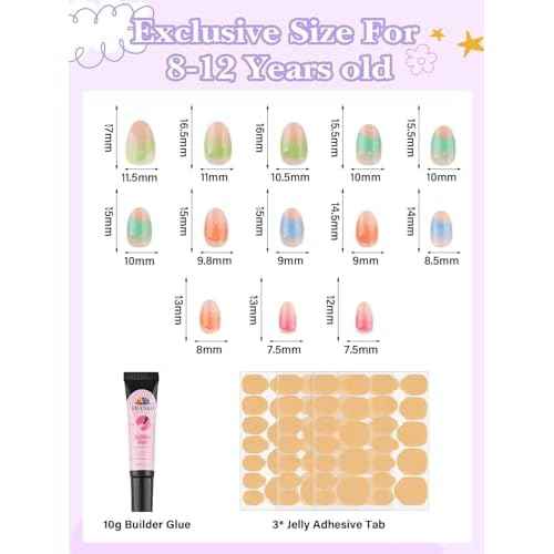 TOROKOM 78 Pieces Press on Nails, Fake Nail Kit Colourful Flower Stick on Nails for Girls Gift Age 8-12, Full Cover Short Acrylic Nails with Nail Adhesives and Glue