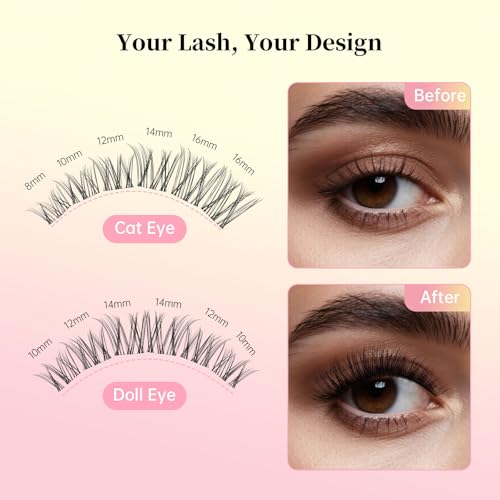 Natural Wispy Lash Clusters Kit, C Curl Soft Individual Lashes 8-16mm, DIY Eyelash Extensions with 0.05mm Thin Invisible Band, DIY Salon Kit with Bond Seal Remover Tweezer, FayJoo AIRY 12 Kit