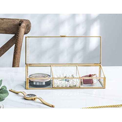 Golden Vintage Glass Lidded Box Clear Glass & Brass Metal Storage Jewelry and Cosmetic Makeup Organizer with Lid Beauty Display, Rectangle with 3 Compartment