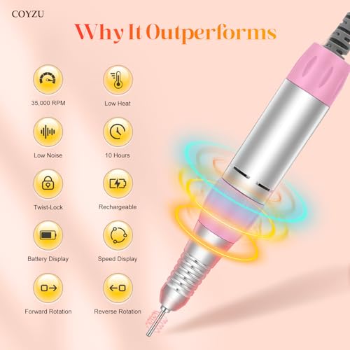 Electric Nail Drill Professional, 35000RPM Nail File Machine with Bits Set & Fast Cooling, Portable E File for Acrylic Gel Nail Polishing Removing, Manicure Pedicure at Salon & Home Use, Pink