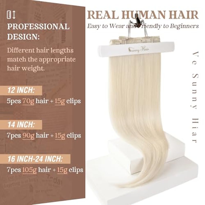 Ve Sunny Blonde Clip in Hair Extensions 22inch Platinum Blonde Human Hair Extensions Clip ins Long Hair Clip in Human Hair Extensions Color 60 Add Hair Length 7pcs 120g