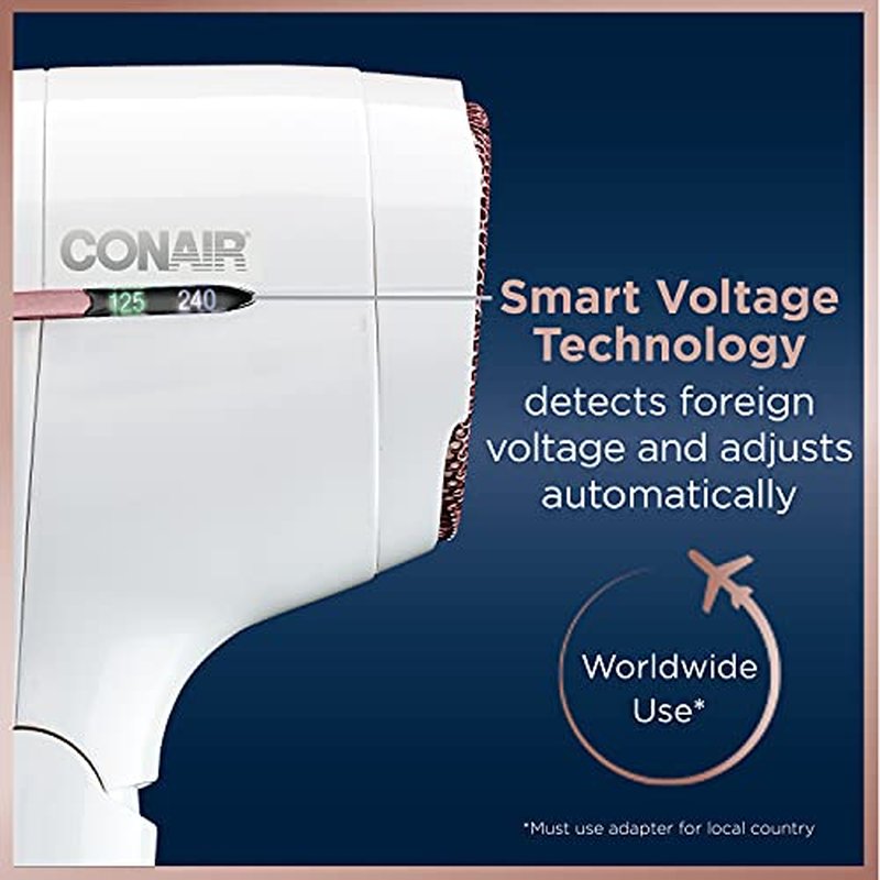 Conair Hair Dryer, Worldwide Travel Hair Dryer with Smart Voltage Technology and Folding Handle, Includes Concentrator
