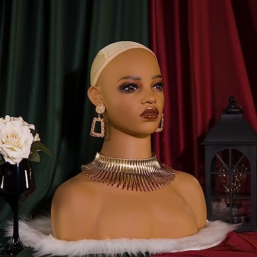 Realistic Female Mannequin Head with Shoulders Manikin Wig Head Stands for Wigs,Makeup,Jewerly,Beauty Accessories Displaying DX 410