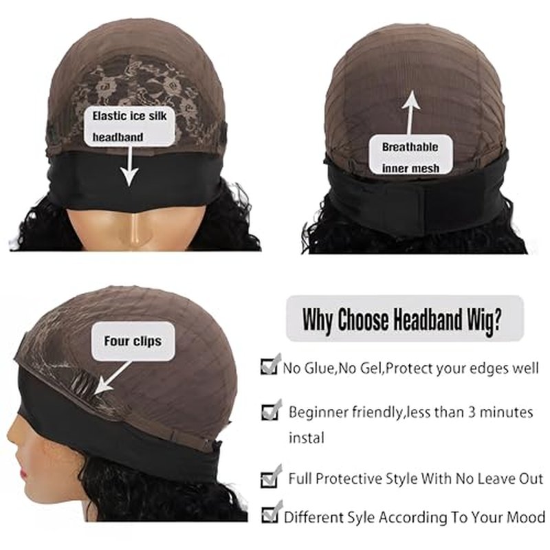 Curly Headband Wig Human Hair 22Inch Human Hair Headband Wig Glueless Wear and Go Human Hair Scarf None Lace Front Wigs 150% Density Natural Color