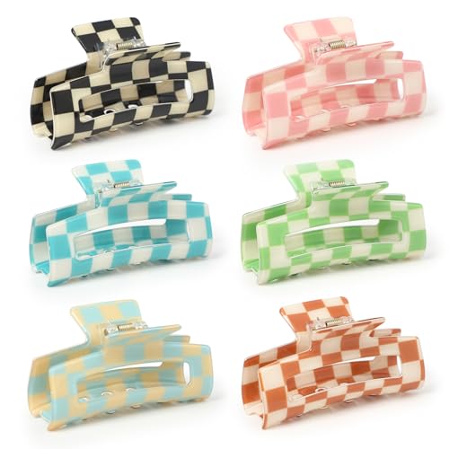 Checkered Multicolored Rectangle Y2K Hair Barrettes and Claw Clips - 6 Pcs Strong Hold Hair Accessories for Thin & Thick Hair