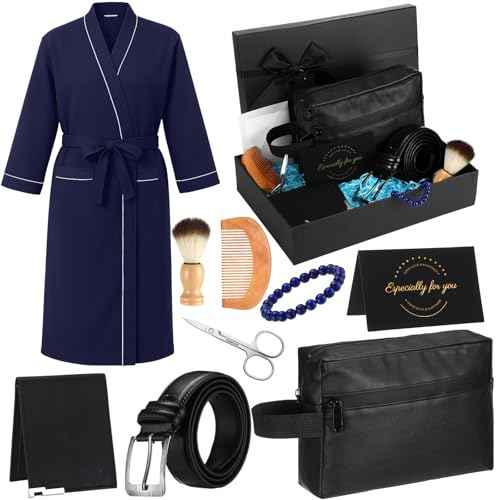 10 Pcs Birthday Gifts Baskets for Men Get Well Soon Gifts Beard Care Set for Him with Bathrobe, Wallet, Makeup Bag, Belt, Bracelet, Beard Comb & Brush Set for Dad Boyfriend Husband(Blue)