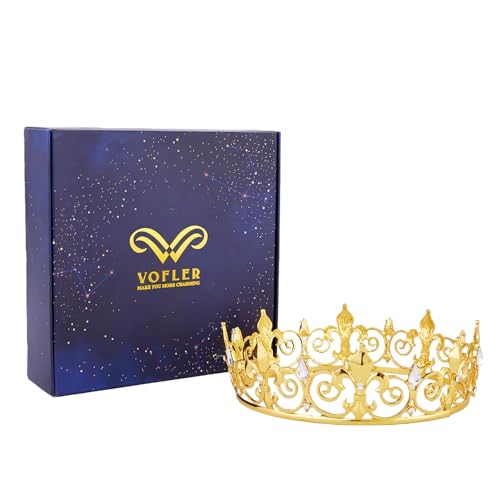King Crown for Men - Vofler Gold Prince Mens Kings Queen Costume Crowns Royal Medieval Fleur De Lis Metal Headband Cake Topper for Adult Boy Bachelor Homecoming Birthday Prom Halloween Party Golden