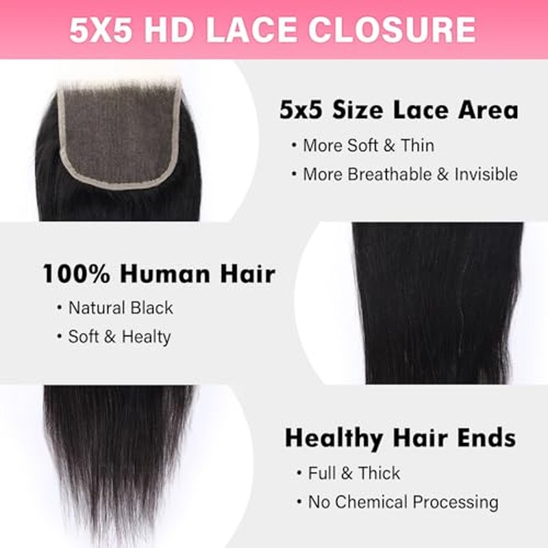 WOWANGEL 5x5 0.095mm Ultra-Thin Skinlike Real HD Lace Frontal & Closure,Straight Natural Hairstyles,Pre-Plucked Invisible Hairline,Unprocessed Virgin Human Hair,Invisible Knots HD Lace,18inch