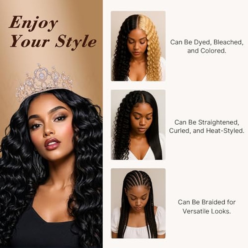 Wequeen 16A Deep Wave Human Hair Bundles 16 18 20 Inch 100% Unprocessed Brazilian Virgin Hair Quick Weave Bundles Human Hair Extensions Real Human Hair, Natural Black