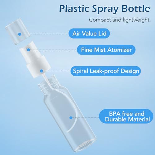 Spray Bottles, 2oz/50ml Clear Empty Fine Mist Plastic Mini Travel Bottle Set, Small Refillable Liquid Containers with 2pcs Funnels and 24pcs Labels (6 Pack)