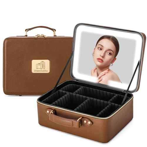 Makeup Bag with LED Mirror & Magnifier, Large Cosmetic Organizer Travel Makeup Case with Adjustable Brightness & 6 Detachable Dividers, Portable Makeup Storage for Women Girls (Brown)