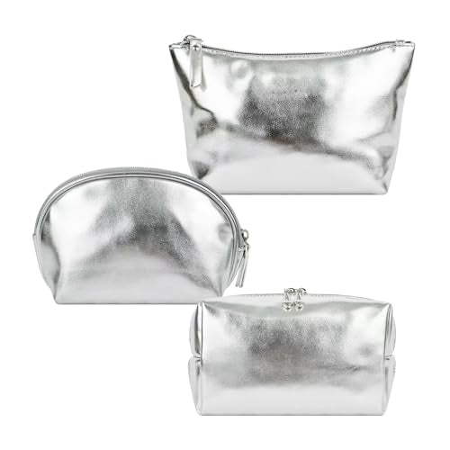 3pcs Make up Bag Set Travel Makeup Bags for Women Leather Cosmetic Bag Toiletry Organizer Bag Personalized Makeup Pouch Skincare Bag Silver